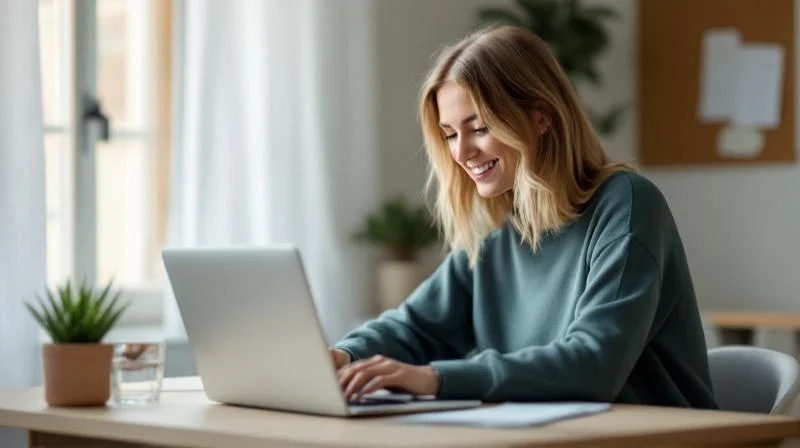Frau informiert sich am Laptop ueber Weiterbildung in Hannover