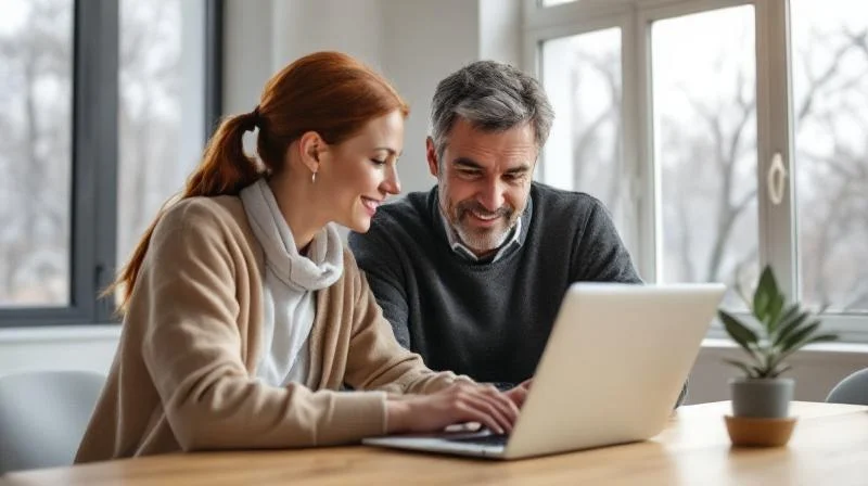 Zwei Personen besprechen Unterlagen in einem hellen Buero in Hannover