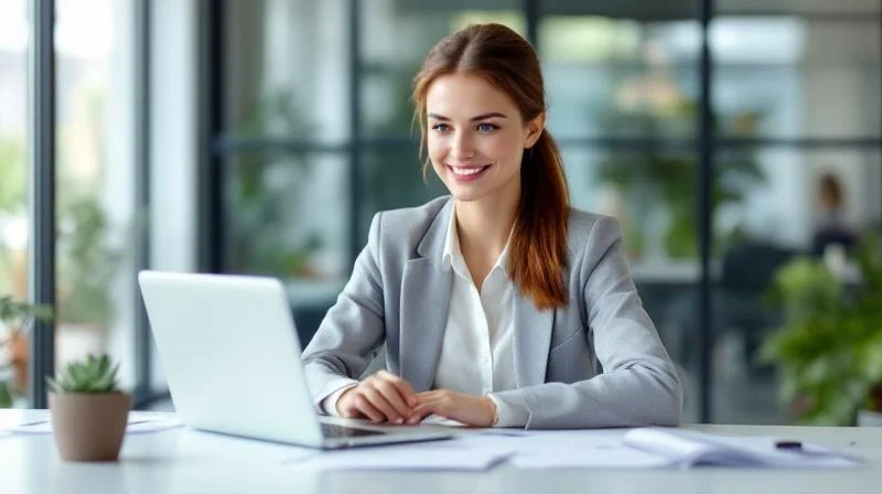 Frau am Laptop in einem modernen Buero in Hannover plant ihren Karriereweg