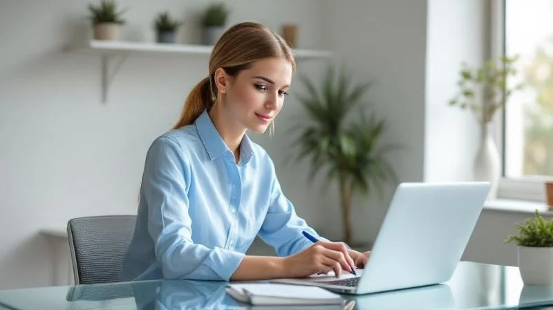 Frau am Laptop in einem hellen Hannoveraner Buero nimmt an Online-KI-Kurs teil