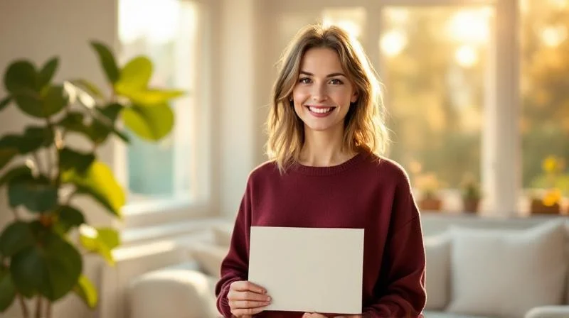 Frau haelt stolz ein IHK-Zeugnis in den Haenden in einer hellen Wohnung in Hannover