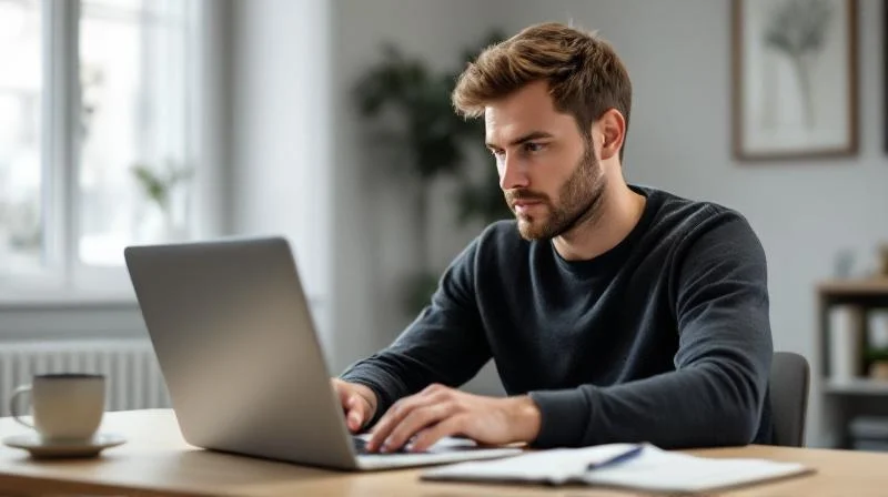 Mann arbeitet konzentriert am Laptop in einem hellen Raum in Hannover