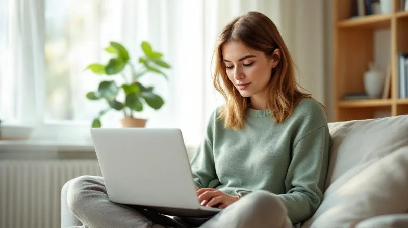 Frau lernt am Laptop in einer hellen Wohnung in Hannover mit Blick auf Baeume