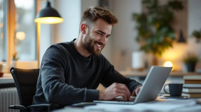 Mann arbeitet konzentriert am Laptop in einer modernen Wohnung in Hannover